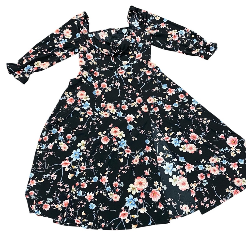 Floral Black Ladies Midi Dress Tie On The‎ Front Slit on the Bottom Off Shoulder